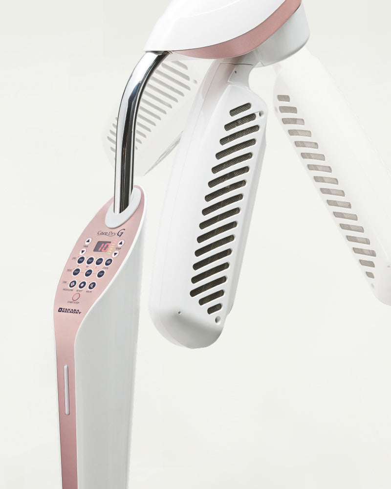 Care Dry G Pink tørrehjelm fra Takara Belmont med roterende vifte og krom krydsfod til frisørbrug